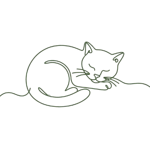 A minimalist continuous-line drawing of a sleeping cat in dark green on a plain white background.