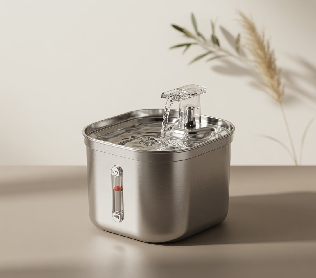 Furlyhaus 2.2L Stainless Steel Cat Water Fountain – Quiet Flowing Water Fountain with Filters