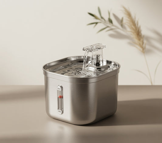 Furlyhaus 2.2L Stainless Steel Cat Water Fountain – Quiet Flowing Water Fountain with Filters